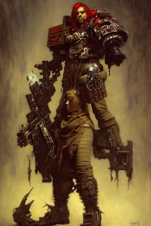 Image similar to full character portrait max mad cyberpunk warhammer 4 0 k, barbarian medic supersoldier not the girl with the pearl earring character design, painting by gaston bussiere, katsuya terada, nc wyeth, greg rutkowski, craig mullins, vermeer, frank frazetta, mucha, tom of finland, trending on artstation, jeffery catherine jones