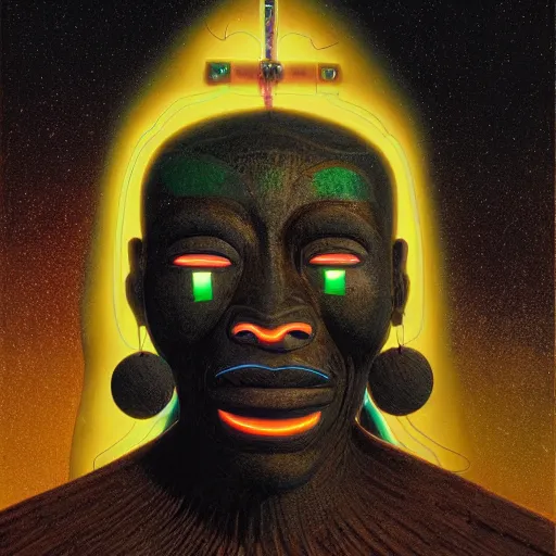 Prompt: landscape! a dogon priest wearing a large wooden mask with neon lights, manipulating dark matter in the third eye void space, by anton semenov and wayne barlowe