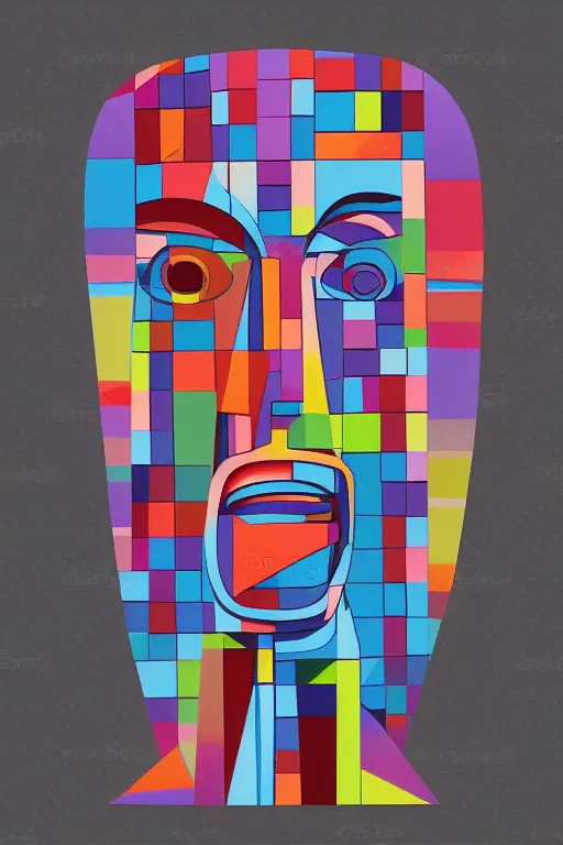 Image similar to cubist moai statue cutout digital illustration cartoon colorful beeple