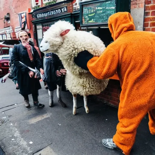 Image similar to man in sheep costume fighting outside a british pub