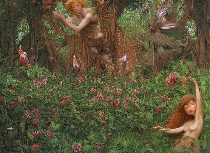 Image similar to jim henson's labyrinth. hedge maze. lush orchard, with strange fruit trees. fairies fight with hummingbirds for nectar. edgar maxence and caravaggio and michael whelan and delacroix style, artistic, intricate painting, cinematic lighting, hyper realistic, extremely detailed, vivid colors, establishing shot, dramatic lighting