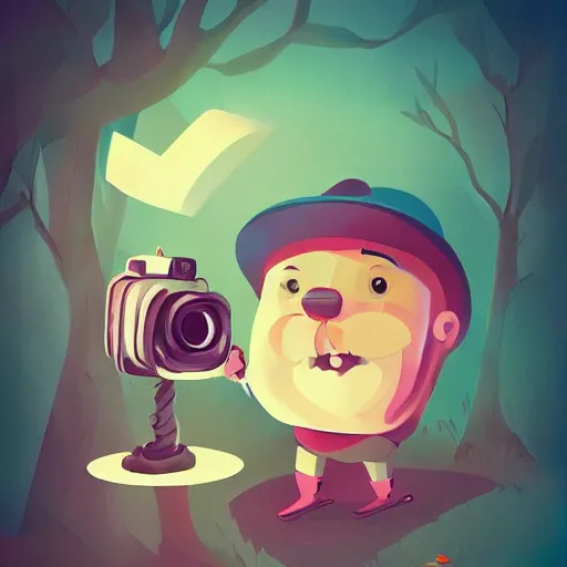 Image similar to cute cartoon character, curled perspective, digital art, baby girl, smiling beard grandpa taking photo, old photo camera, anton fadeev