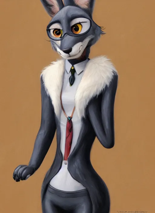 Image similar to oil painting of detailed full body of anthromorphic female wolf, in style of zootopia, zootopia, zootopia, fursona, furry, furaffinity, 4 k, deviantart, furry art, fursona art, wearing black business suit, business suit, in style of zootopia, wolf fursona, cyberpunk, female, expressive detailed feminine face,