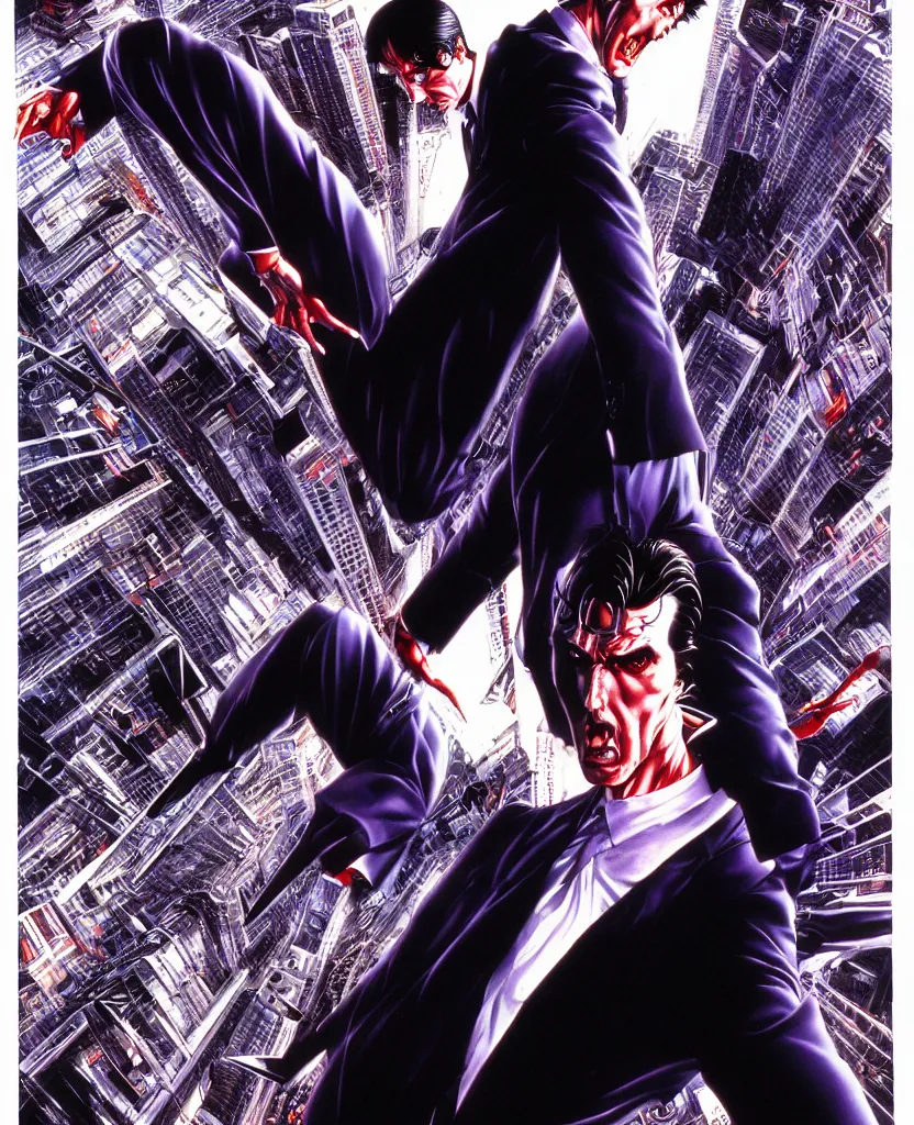 Image similar to realistic detailed image of ultra mega city american psycho christian bale 9 0 s movie poster symmetrical depth perception masterpiece depth of field action horror gothic vivid colors art by yoshitaka amano by yukito kishiro by yoshiyuki sadamoto by hajime sorayama