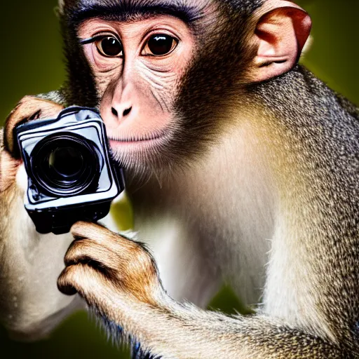 Prompt: Portrait of a monkey holding a camera, in style of dalle 2