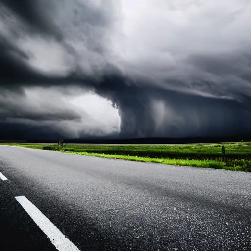 Prompt: a road leading into a stormy sky, dramatic cinematic scene