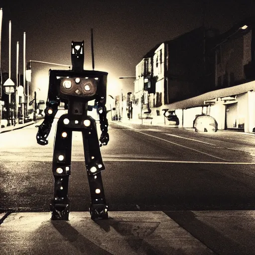 Image similar to giant robot at night, humanoid, eyes, historical photo, grainy, vintage, stark light, dramatic lighting, evil smile, street at night, cars in the background, trash on the ground, night sky, scary, evil