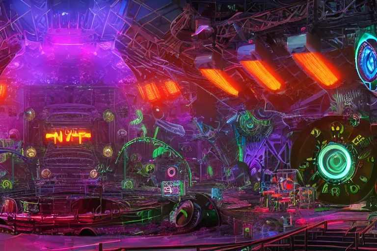 Prompt: an outdoor festival stage, text tripmachine, center of the stage is a big futuristic steampunk generator with gears and belts and tubes, surrounded by big cyberpunk speaker towers, rock musicians on the stage, laser show, 8 k, fluorescent colors, halluzinogenic, multicolored, exaggerated detailed, unreal engine