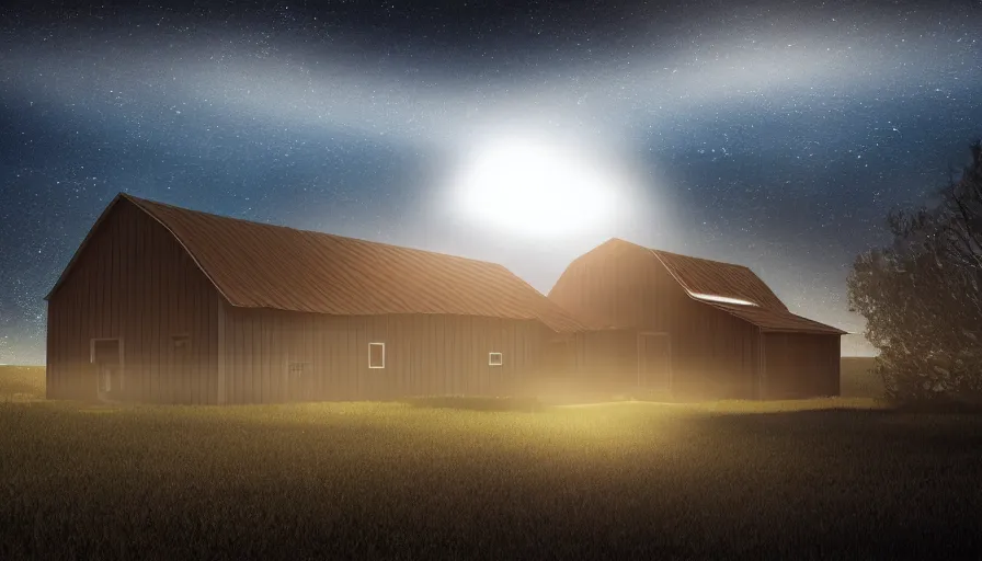 Prompt: a ufo emitting a beam of light floats over a barn with a broken roof, debris is ascending toward the ufo, volumetric lighting, night, photorealistic rendering, color palette, 8 k, hyperdetailed