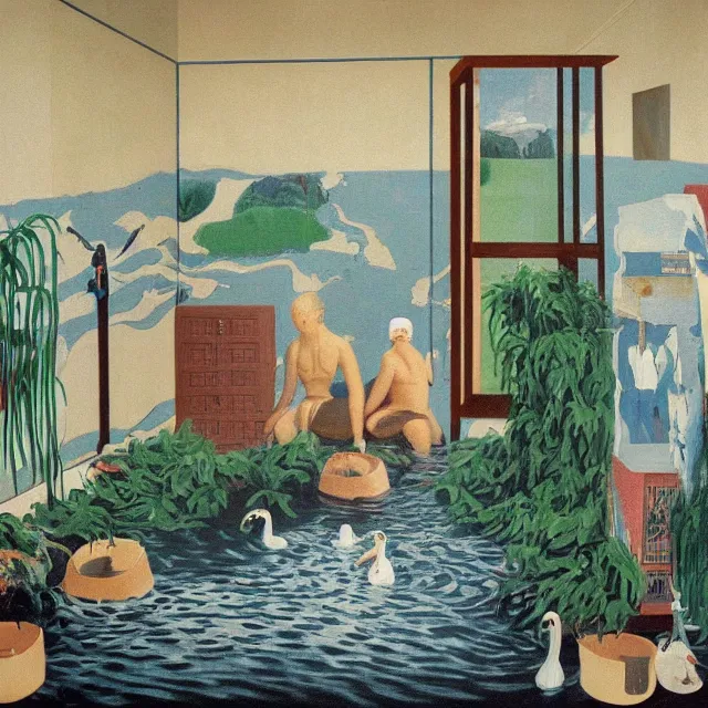 Prompt: painting of flood waters inside an apartment, taps with running water, tall female emo art student, a river flooding inside, tangelos, zen, pigs, ikebana, water, river, rapids, waterfall, black swans, canoe, pomegranate, berries dripping, acrylic on canvas, surrealist, by magritte and monet