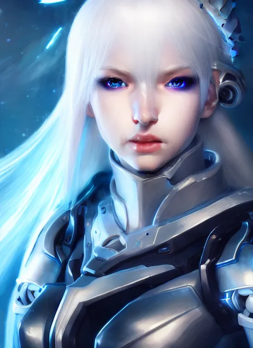 Image similar to detailed portrait of perfect white haired girl, android, warframe armor, beautiful, pretty face, blue cyborg eyes, innocent, scifi, 4 k, sun yunjoo, ultra realistic, aura of light, cinematic lighting, highly detailed, sharp focus, artstation, masterpiece, art by hyungjin yang