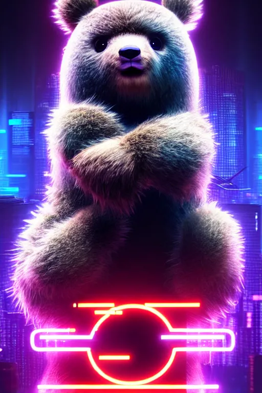 Image similar to high quality 3 d render very cute fluffy cyberpunk! bear!! plays electric guitar, cyberpunk highly detailed, unreal engine cinematic smooth, in the style of blade runner & detective pikachu, hannah yata charlie immer, moody light, low angle, uhd 8 k, sharp focus