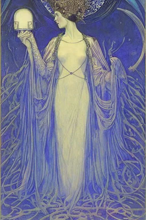 Prompt: queen of the night with her lantern, by Annie Swynnerton and Nicholas Roerich and jean delville, dramatic cinematic lighting , ornate headdress , flowing robes, lost civilizations, extremely detailed