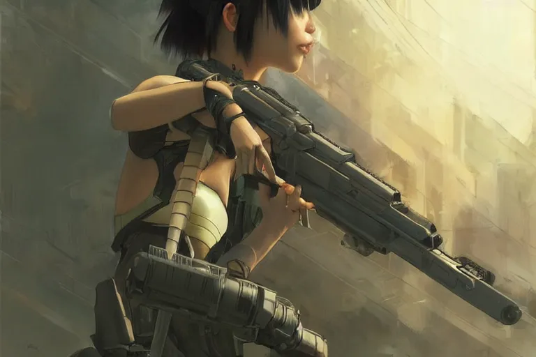 Image similar to young female japanese sniper aiming a railgun sniper rifle, neon, cyberpunk, futuristic, full cybernetic combat suit, short bob haircut, stunning, highly detailed, digital painting, smooth, soft focus, illustration, ghost in the shell, 4 k digital art from artstation by artgerm and greg rutkowski and alphonse mucha