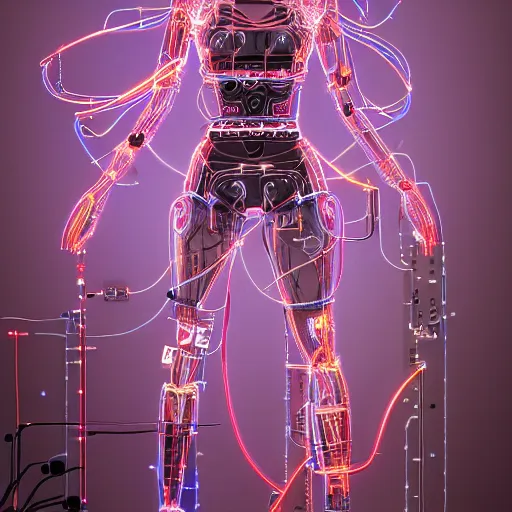 Image similar to a beautiful body of a bot pilot woman mostly made of wires and electronic circuits led luminous, an ultrafine detailed illustration by james jean, final fantasy, intricate linework, bright colors, behance contest winner, vanitas, angular, altermodern, unreal engine 5 highly rendered, global illumination, radiant light, detailed and intricate environment