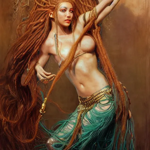 Image similar to birth of mami wata, sumerian goddess inanna ishtar, ashteroth, techno mystic goddess princess intergalactica, with aqua neon rapunzel dreadlocks, mami wata, detailed, by gaston bussiere, bayard wu, greg rutkowski, giger, maxim verehin, greg rutkowski, masterpiece, sharp focus,