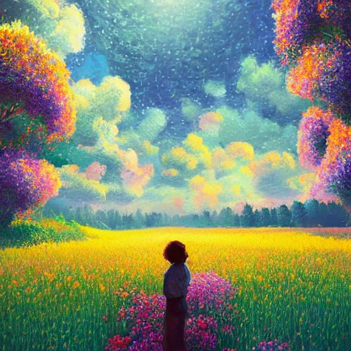 Prompt: face made of flowers, standing in a flower field, big trees, sunrise dramatic light, impressionist painting, colorful clouds, digital painting, pointillism, artstation, simon stalenhag