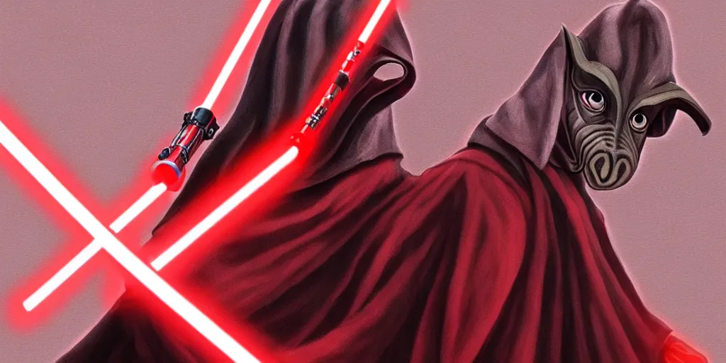 Image similar to jar jar binks as a sith lord, holding a red lightsaber, in the style of artstation