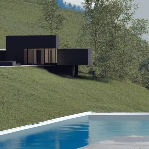 Image similar to Villa on the side of a hill. Designed by Peter Zumthor. Octane render. 8k. High detail.