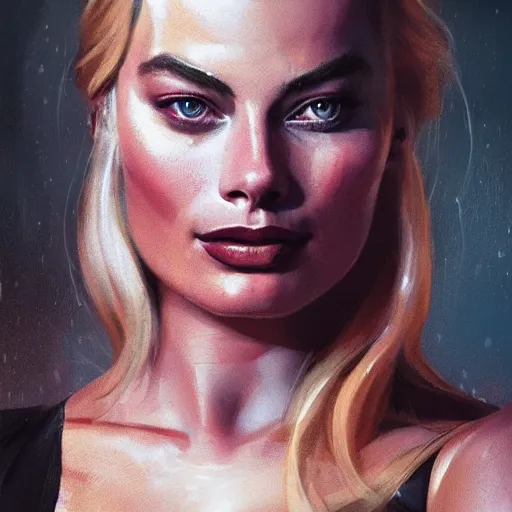 Image similar to closeup portrait of margot robbie, dramatic lighting, city background, sunset, chiaroscuro, high detail, painted by greg rutkowski, painted by igor kieryluk, painted by bobby chiu, trending on artstation