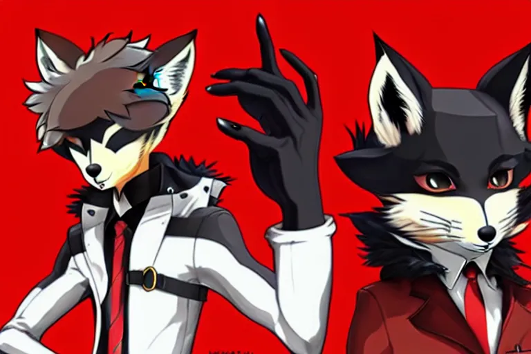 Image similar to a furry tan male fox on a persona 5 : royal ( by atlus ) video game splash screen, a furry male sandcolored tan fox fursona ( has hair ), persona 5 phantom thief style