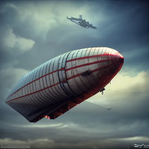 Image similar to photorealistic airship dieselpunk art deco streamlined crimson sky by alexey lipatov, stefan prohaczka, ixlrlxi, keith thompson, rob schwager, sam van olffen, octane render, 3 d, highly detailed,