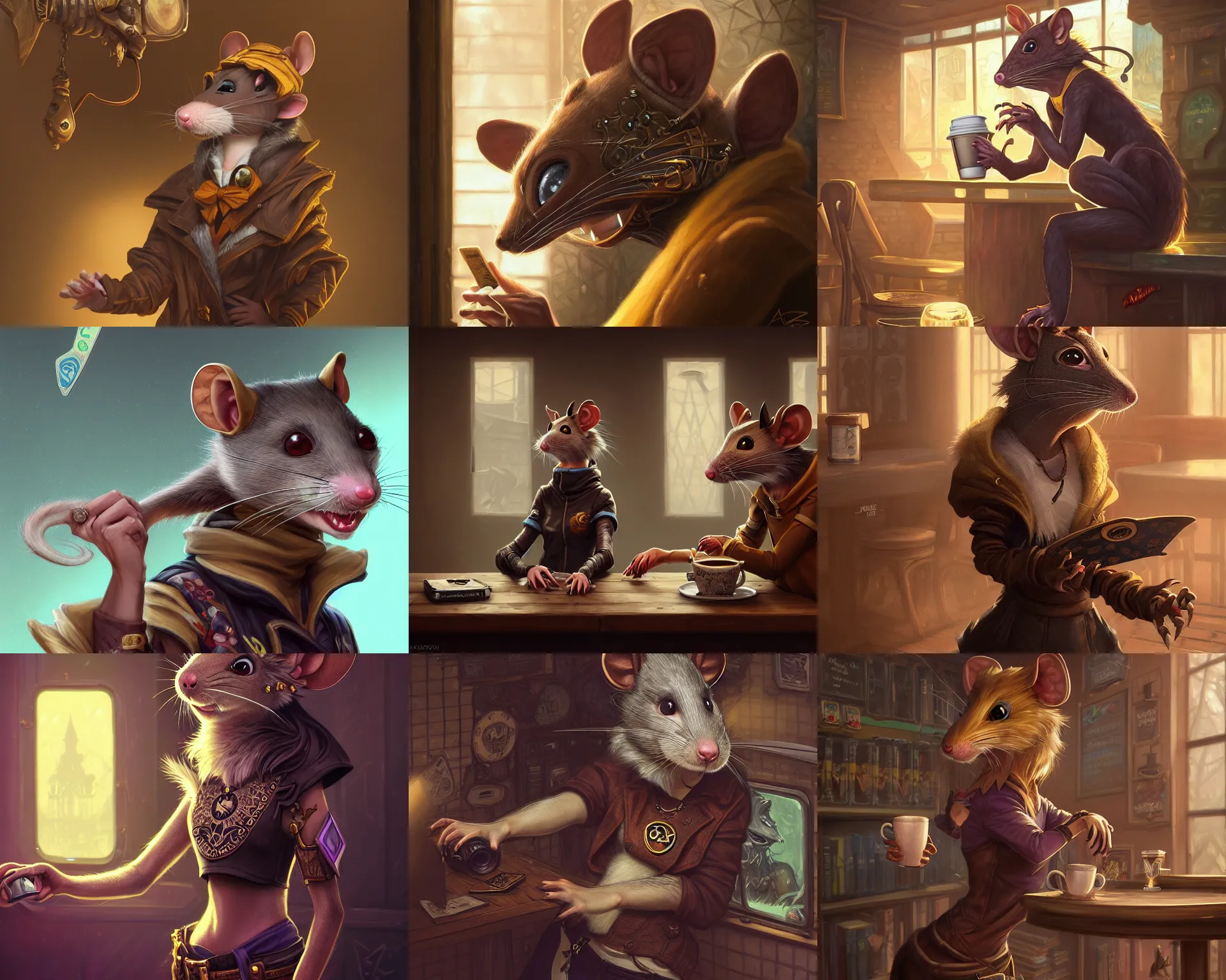 Prompt: photography of a female anthropomorphic rat fursona wearing skater clothes in a coffee shop, deep focus, d & d, fantasy, intricate, elegant, highly detailed, digital painting, artstation, concept art, matte, sharp focus, illustration, hearthstone, art by artgerm and greg rutkowski and alphonse mucha