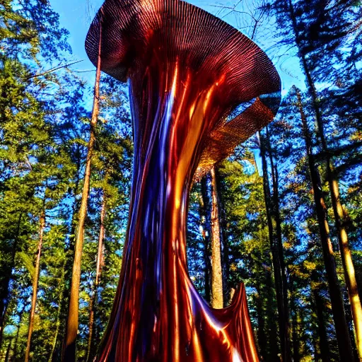 Image similar to polished copper treehouse strange attractor sculptures and geometric shadows, tall redwood forest, twilight, by robert maguire, charles o. perry, zack snyder, featured on deviantart, intricate, excited, wide - angle, kodak ektar