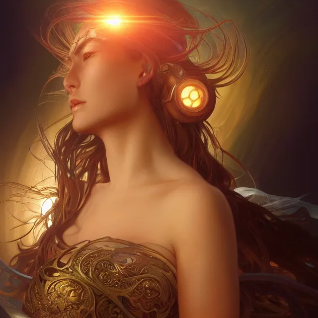 Image similar to close up portrait of a beautiful fantasy female goddess, shiny skin, glowing hair, glowing armor, subsurface scattering, ethereal, artistic, dark glowing background with light rays, fantasy atmosphere. art by artgerm, greg rutkowski and alphonse mucha, highly detailed skin, intricate, lifelike. sci - fi, fantasy, magical, octane render,