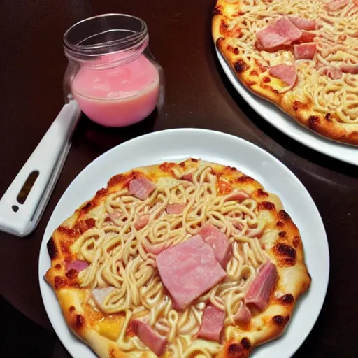 Prompt: ramen noodle and ham pizza with pepto bismol sauce.