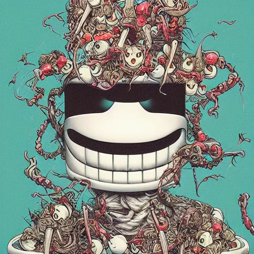 Image similar to portrait of crazy marshmello, symmetrical, by yoichi hatakenaka, masamune shirow, josan gonzales and dan mumford, ayami kojima, takato yamamoto, barclay shaw, karol bak, yukito kishiro