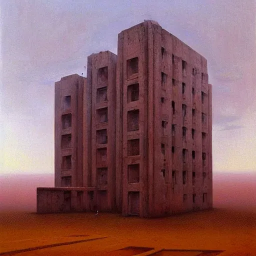Prompt: Beautiful oil painting of Brutalist buildings by zdzislaw beksinski