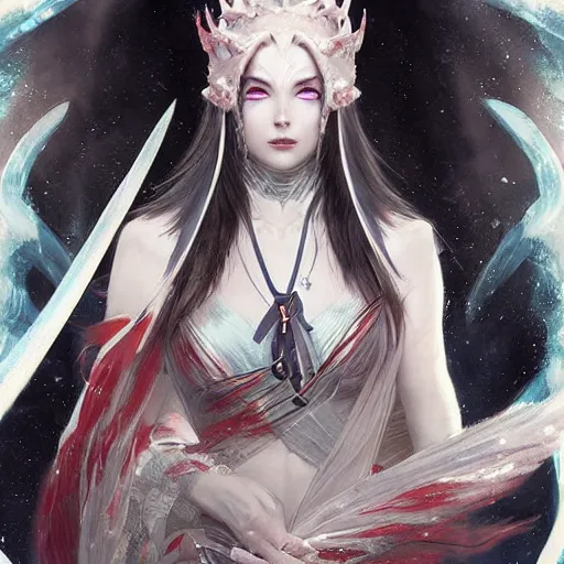 Prompt: Japanese ice demoness, D&D, highly detailed, digital painting, artstation, concept art, sharp focus, illustration, cinematic lighting, art by artgerm and greg rutkowski and alphonse mucha