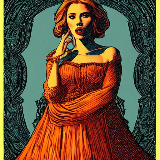 Prompt: Scarlett Johansson in a renaissance dress, tarot card, highyl detailed, 4k, digital art by Kilian Eng