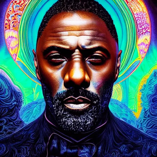 Image similar to portrait of idris elba, hyper detailed masterpiece, neon floral pattern, jean giraud, digital art painting, darkwave goth aesthetic, psychedelic, artgerm, donato giancola and tom bagshaw