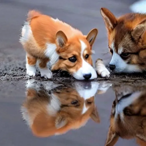 Prompt: a corgi looking at a cat's reflection in a puddle