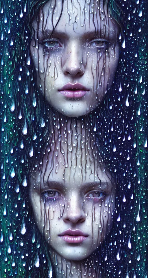 Image similar to portrait of a girl in psychedelic LSD rain with wet hair and face, fantasy, intricate, elegant, dramatic lighting, emotionally evoking symbolic metaphor, highly detailed, lifelike, photorealistic, digital painting, artstation, concept art, smooth, sharp focus, illustration, art by John Collier and Albert Aublet and Krenz Cushart and Artem Demura and Alphonse Mucha