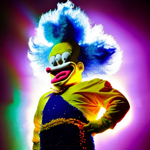 Prompt: uhd candid photo of cosmic krusty the clown as a super saiyan powering up, glowing, global illumination, studio lighting, radiant light, hyperdetailed, correct face, elaborate intricate costume. photo by annie leibowitz