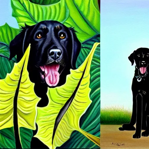 Image similar to oil painting of a black dog bearing its fangs next to white brugmansia suavolens flowers, with a dark background