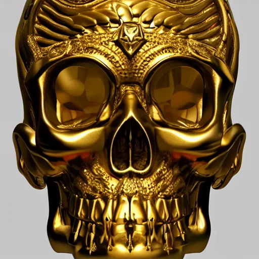 Prompt: a golden skull wearing a gold headdress, a 3 d render by cedric seaut ( keos masons ), trending on zbrush central, vanitas, rendered in maya, rendered in cinema 4 d, zbrush