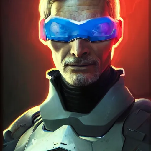 Image similar to science-fiction character portrait of Soldier 76 from Overwatch, wearing cybernetic visor, dystopian mood, intricate, wild, highly detailed, digital painting, artstation, upper body, concept art, smooth, sharp focus, illustration, art by artgerm and greg rutkowski and alphonse mucha