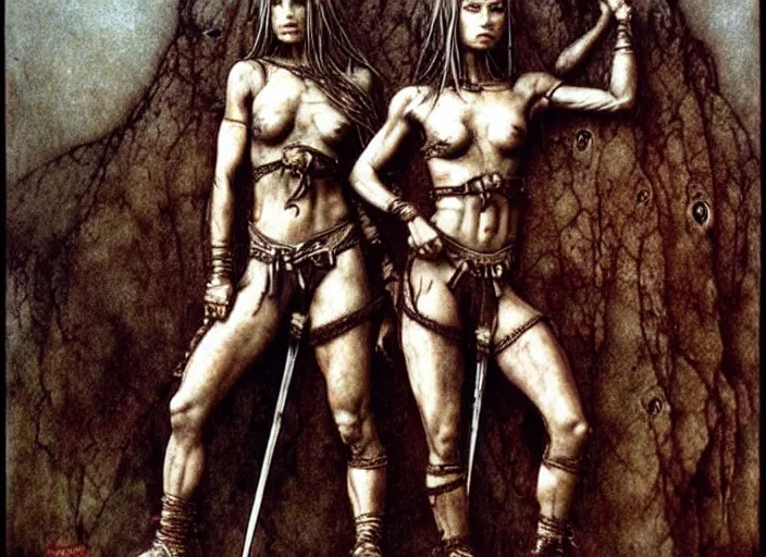 Image similar to young muscular female warriors in tribal painting by Beksinski, Luis Royo, Arthur Rackham