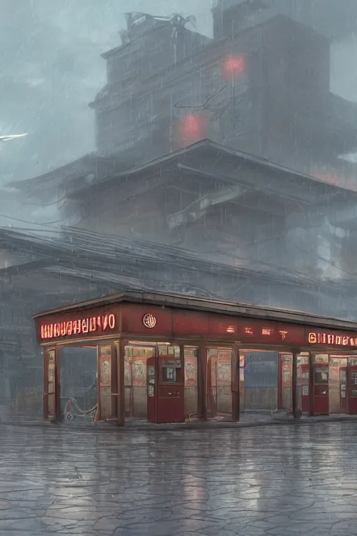 Image similar to a highly detailed matte painting of a soviet steampunk gas station in lightning storm and heavy rain by studio ghibli, makoto shinkai, by artgerm, by wlop, by greg rutkowski, volumetric lighting, octane render, 4 k resolution, trending on artstation, masterpiece