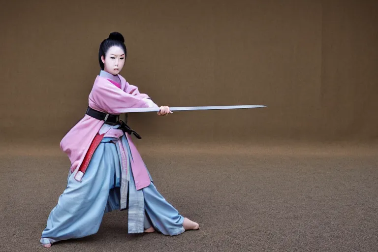 Image similar to beautiful photo of a young female samurai, practising sword stances, symmetrical face, beautiful eyes, huge oversized anime style sword, highly detailed, 8 k, award winning photo, muted pastels, action photography, 1 / 1 2 5 shutter speed, dramatic lighting