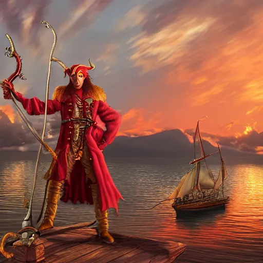 Image similar to a red skinned horned male tiefling, dungeons and dragons, wearing a pirate coat with shiny gold buckles and a rapier on his hip, standing at the prow of his ship looking out over the water, uhd, high detail, sunset lighting
