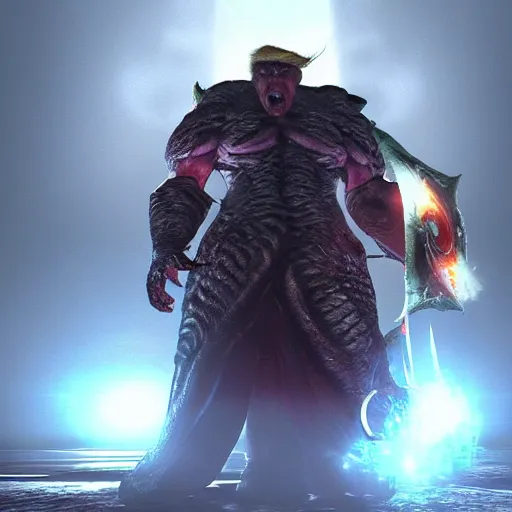 Image similar to Elden Ring gameplay screenshot of the Donald Trump boss fight, he is large and scary and angry, I can’t beat this boss fight