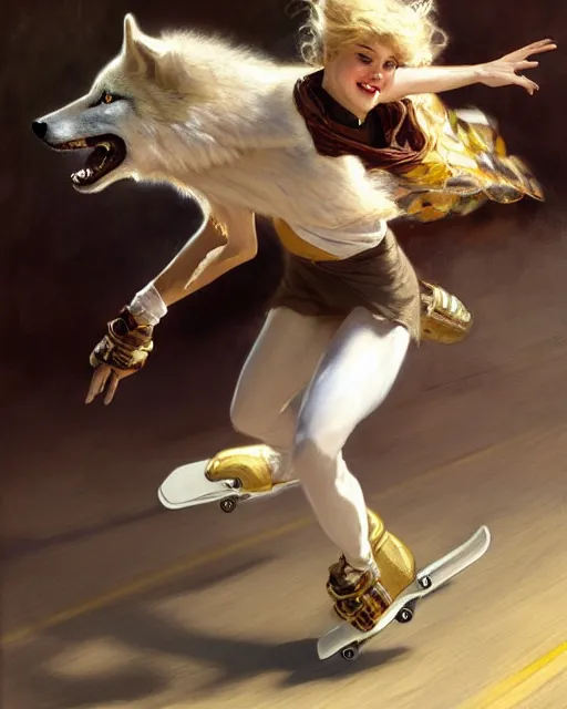 Image similar to white female anthro wolf skating at a roller derby, 4 k, furaffinity, trending on artstation, very expressive detailed face, energetic, speed, motion blur, by gaston bussiere, craig mullins, j. c. leyendecker, gustav klimt, artgerm, greg rutkowski, alphonse mucha