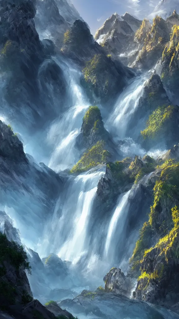 Image similar to highly detailed hd photo art of futuristic mountains and waterfall in the style of Greg Rutswoski, concept art, 8K detail post-processing