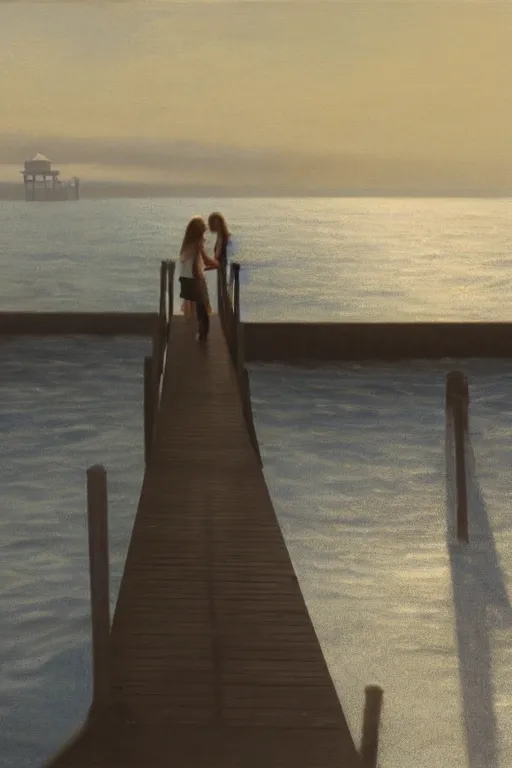 Prompt: painting of a woman standing at the end of a pier, the pier is white and has white railing, she is visible from behind and from distance, the sea surrounding the pier is calm, soft evening light, volumetric lighting, style of greg rutkowski