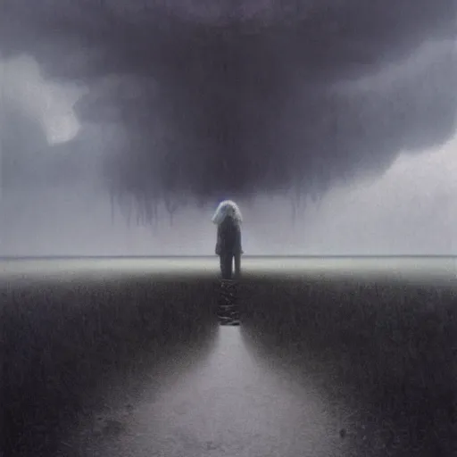 Image similar to killua zoldyck made by zdzisław beksinski, thunderstorm, 8 k, detailed, cinematic, rain, crying, black